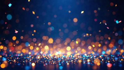 The primary subject of the image is a brightly lit, colorful background featuring a blue sky with yellow stars. The setting is a nighttime scene, and the visual style appears to be a combination of a photo and digital art. The colors and mood of the image are vibrant and lively, creating a sense of excitement and wonder.
